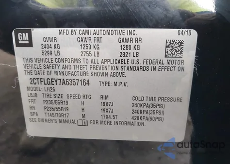 2010 GMC Terrain Slt-1 z USA, uszkodzony, nr VIN 2CTFLGEY7A6357164